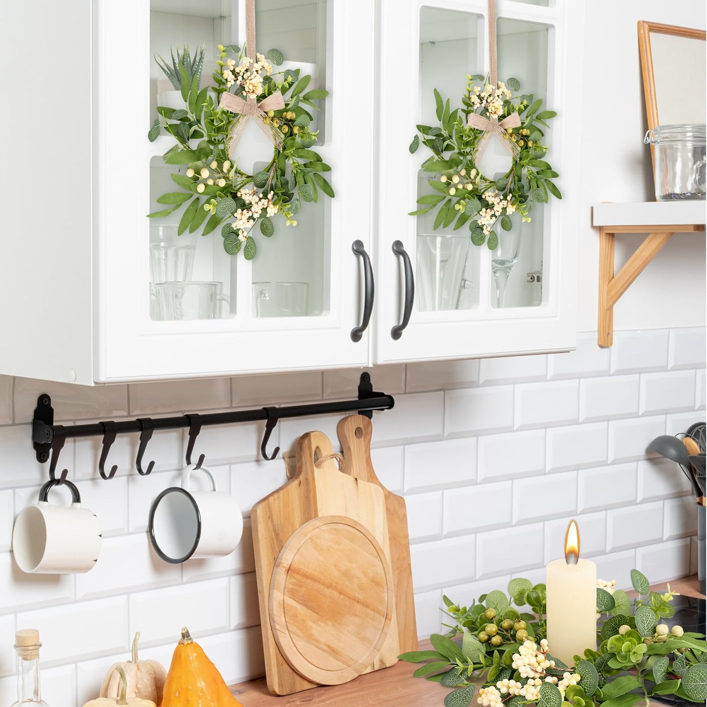4 Pcs Green Eucalyptus Candle Rings Wreaths Spring Summer Kitchen Cabinet Wreaths Mini Green Berry Leaves Candle Wreath for Pillars Farmhouse Festival Wedding Celebrations Tabletop Decoration