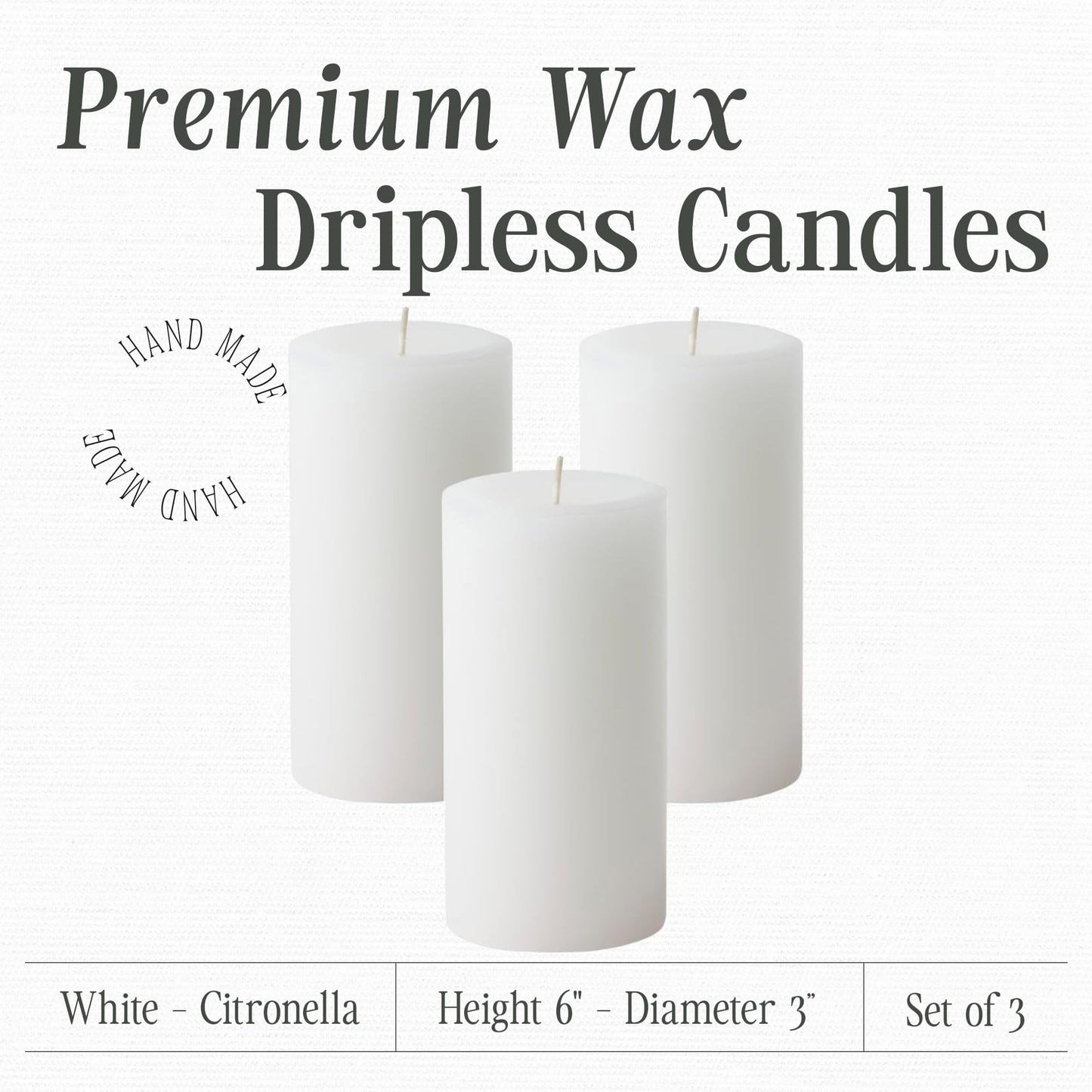 Mister Candle Citronella Candles, Ideal for Outdoor & Indoor, 3x6 Pillar Candles Set of 3, Hand Poured White, Premium Wax & Dripless, 60 Hour Burn Time