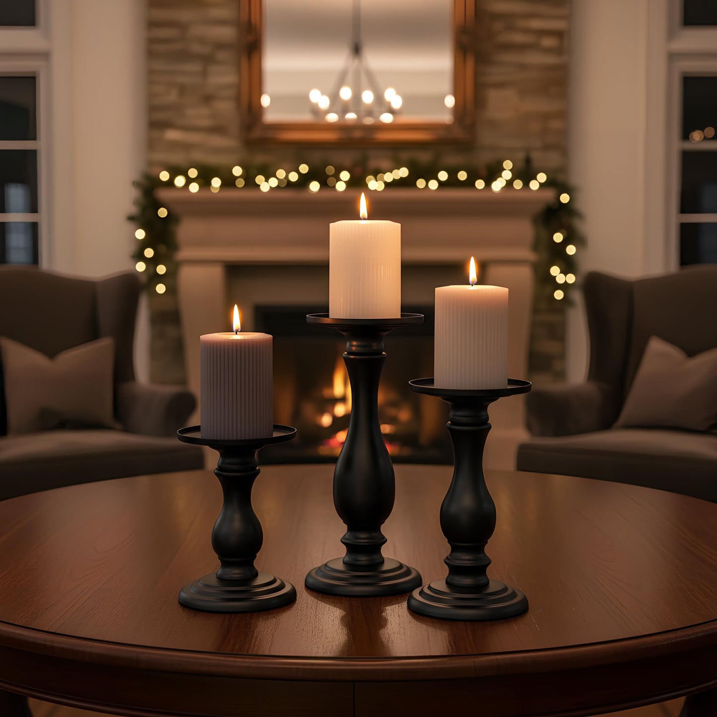 Matte Black Pillar Candle Holders Set of 3-10", 8", 6”H Candlestick Candle Holders Stand, Home Coffee Table Decor Decorations Centerpiece for Dining/Living Room