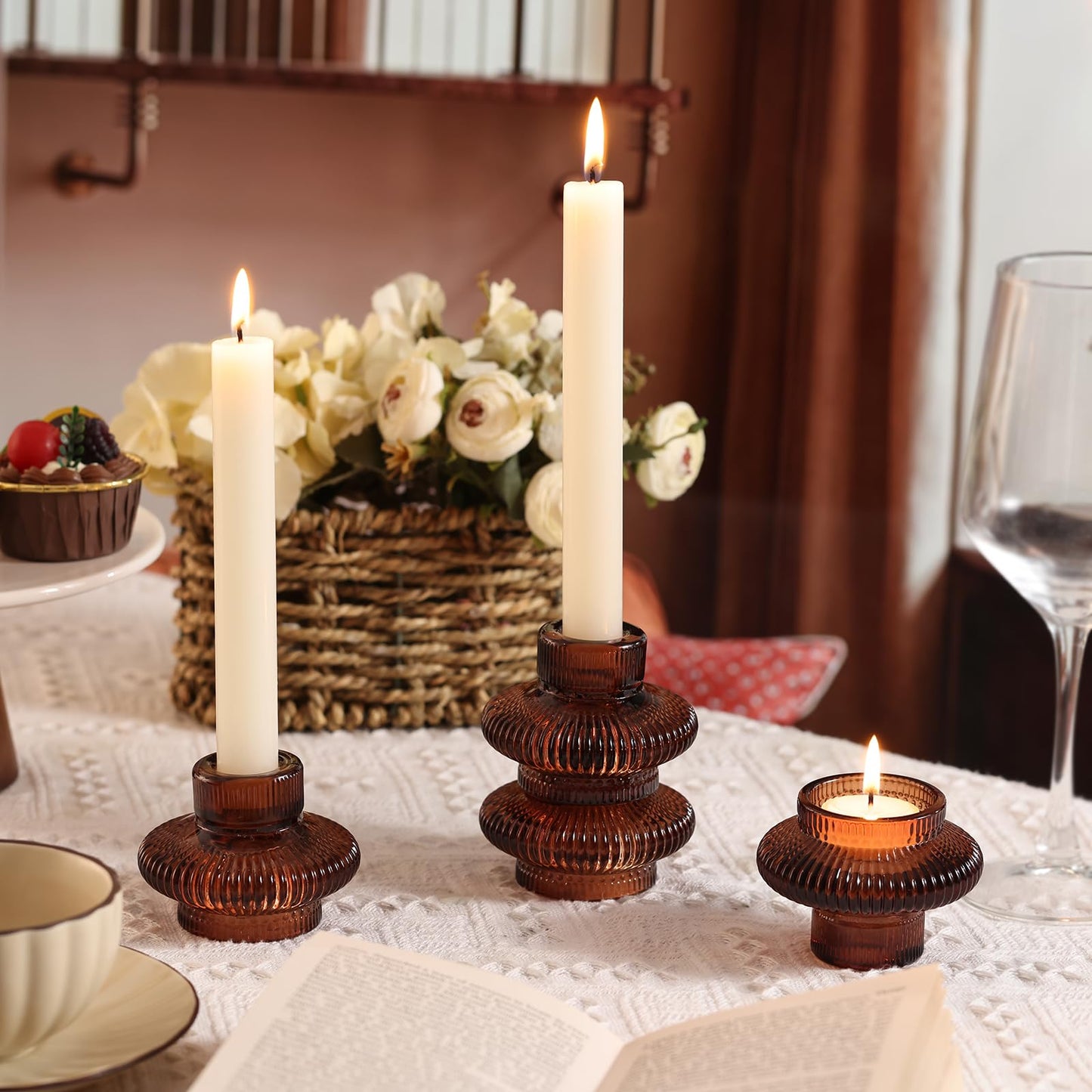 Taper Glass Candlestick Holders Tealight Candle Holders for Table Centerpieces, Fall Wedding Decor and Dinner Party Thanksgiving Christmas Decor (8 Pcs, Brown)