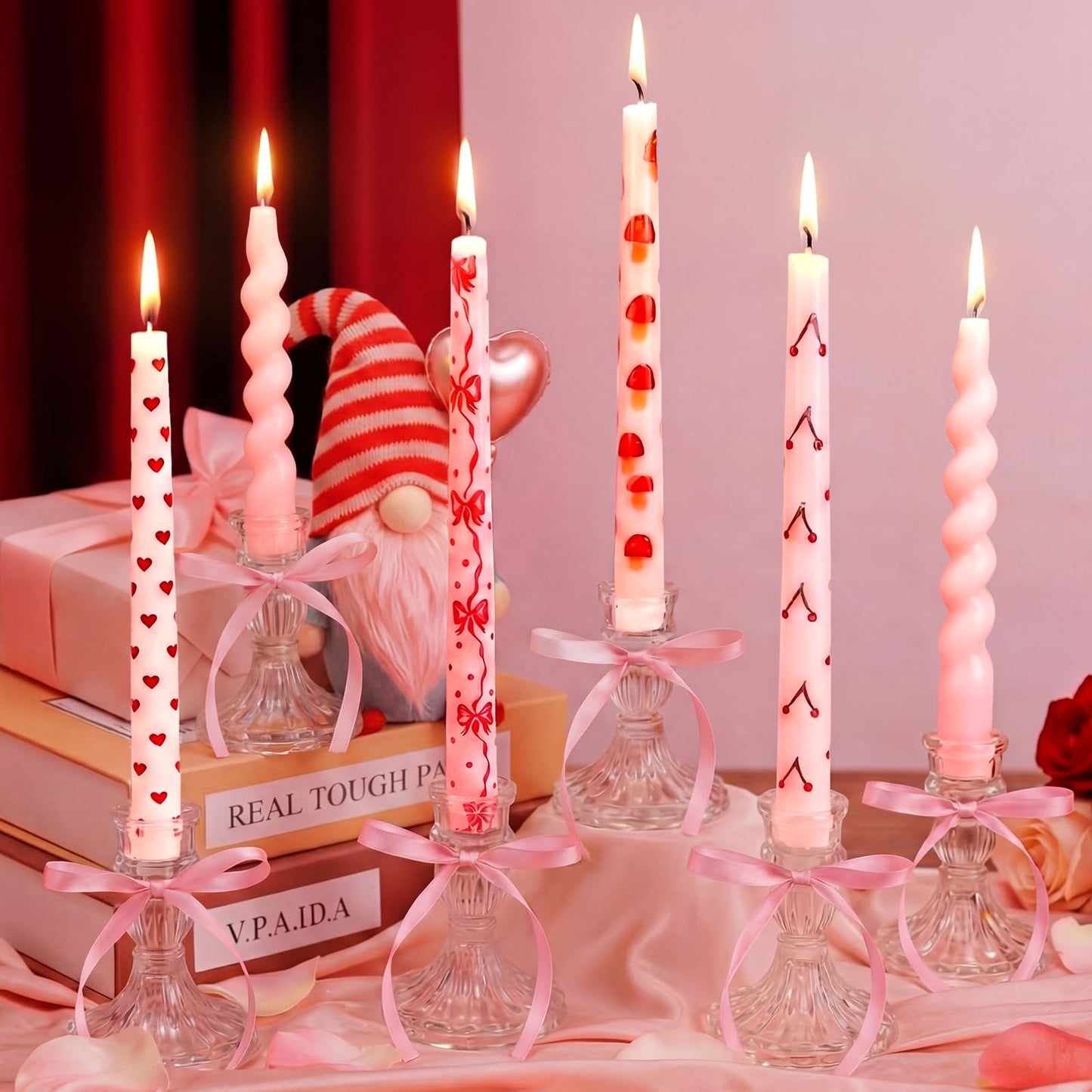 Nuanchu 12 Pcs Galentine's Day Taper Candles Valentines Heart Bow Pink Spiral Candle Sticks Real Wax for Valentines Day Bridal Shower Wedding Anniversary Birthday Dinner Table Home Decor