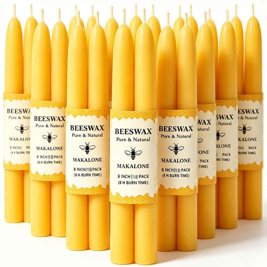 18 Pack Beeswax Taper Candles, 8 Inch Handcrafted Pure Natural Bees Wax Candle Sticks, 8H Long Burning Dripless & Smokeless Unscented Tapered Candlesticks for Home Decor, Wedding, Dinner, Vigil