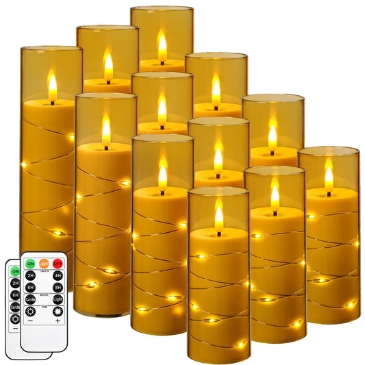 Da by 12 Pack Champagne Flameless Taper Candles, Flickering Black Wick LED Candles with Copper Wire Lights, Heat Resistant ABS with 2 Remotes, Assorted Sizes for Indoor Outdoor Decor