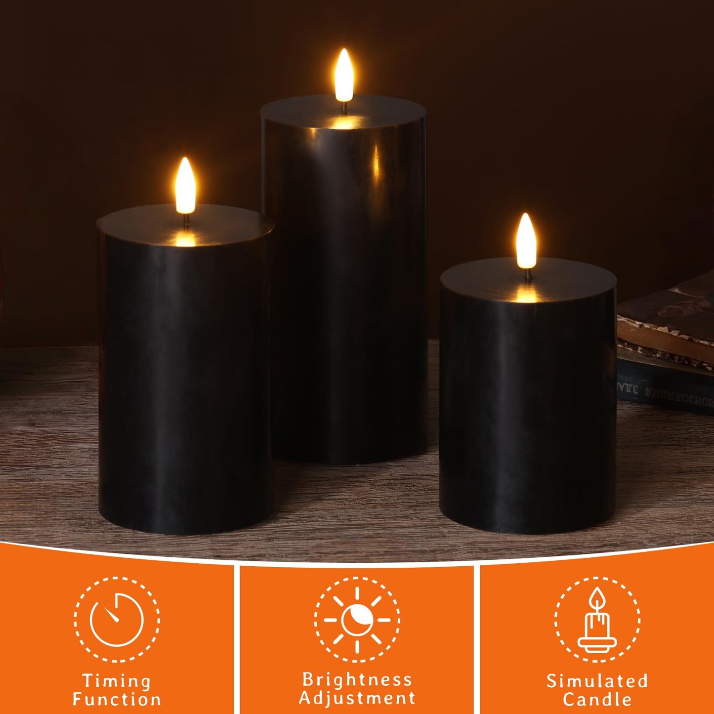 Girimax Black Flameless Pillar Candles with Remote, Flickering LED Wax Candles Battery Operated Set of 3