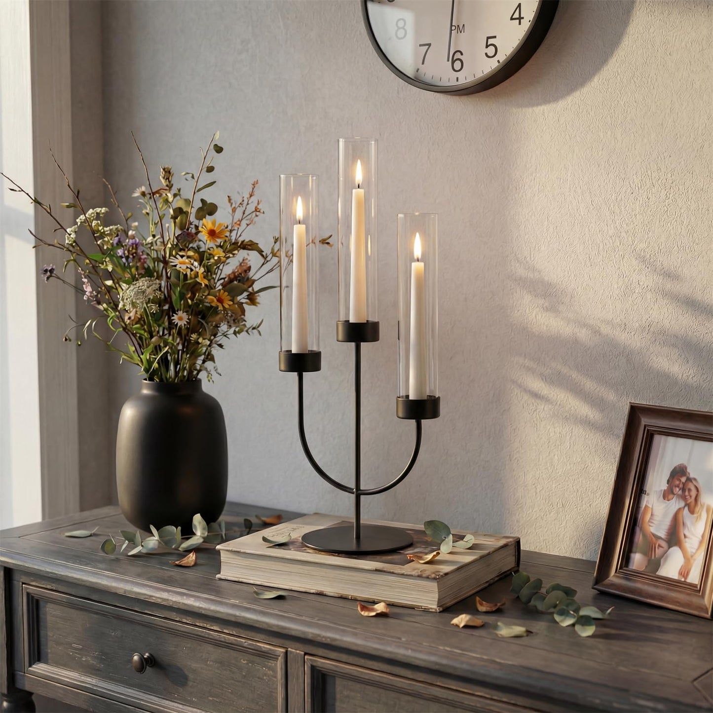 Sziqiqi Black Candelabra Candle Holder: 3 Arm Candlesticks Holder Decor with Glass Hurricane for Dining Table Centerpiece - Metal Candelabra for Halloween Outdoor Dinner Fireplace