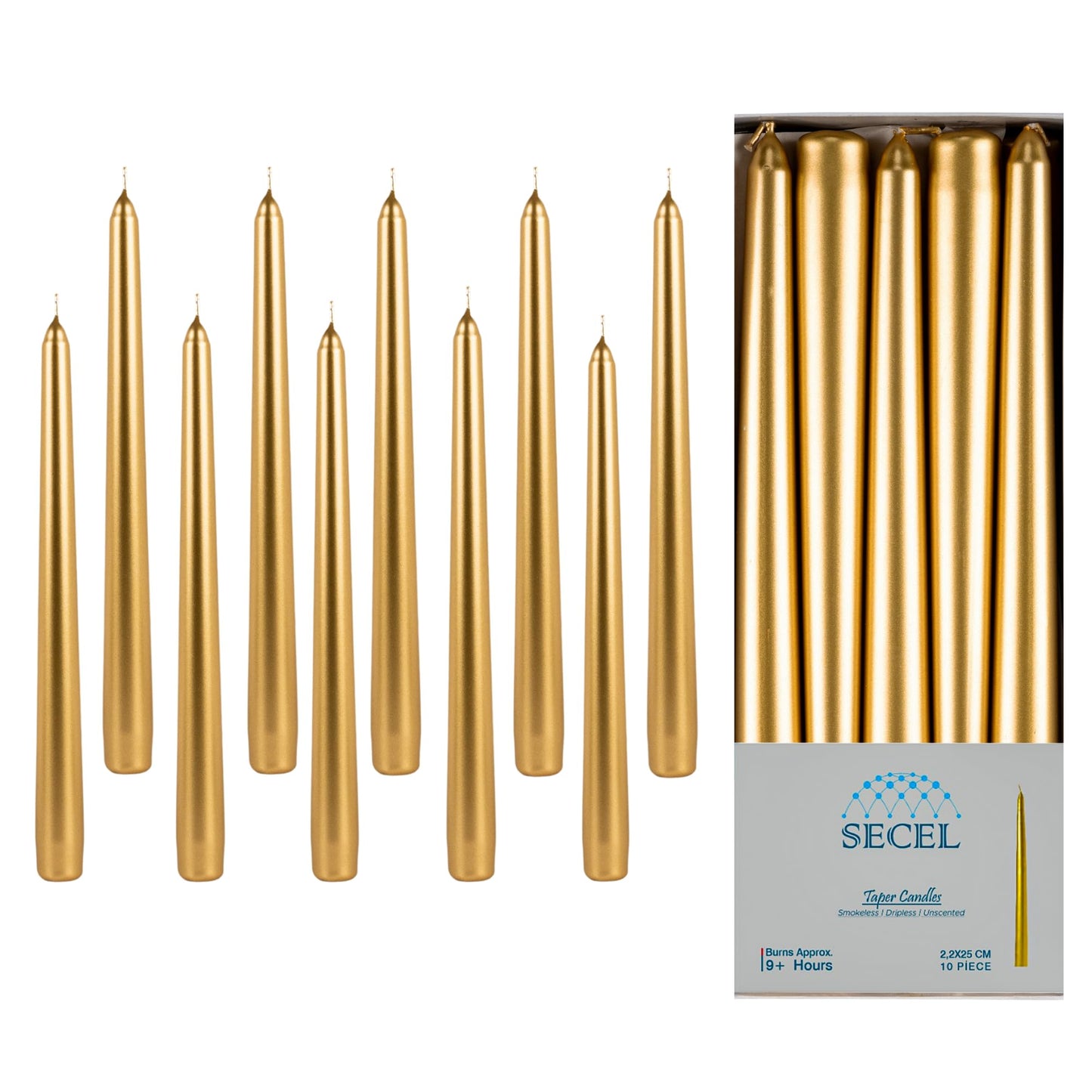 SECEL Pack of 10 Taper Candles, 10 Hours Time, Dripless, Smokeless, Paraffin Wax, with Cotton Wicks, 10 inches, Colorful, Birthday, Home Decor, Weddings, Valentines Day (10, Metallic Gold)