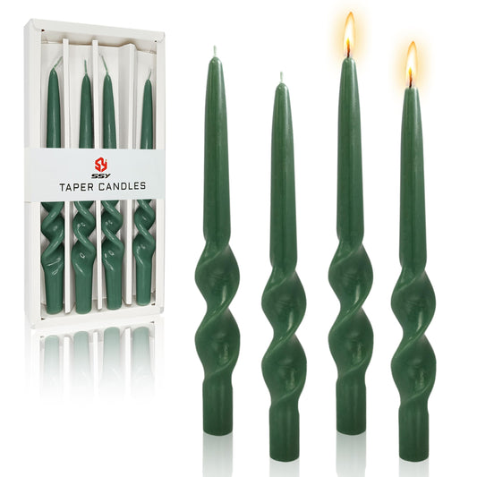 FCMSHAMD Handmade Spiral Taper Candles - Unscented Long Candles Colored Wax Twisted Candle - 10 Inch Candle Sticks for Wedding Dinner Party Decoration - Set of 4(Dark Green)