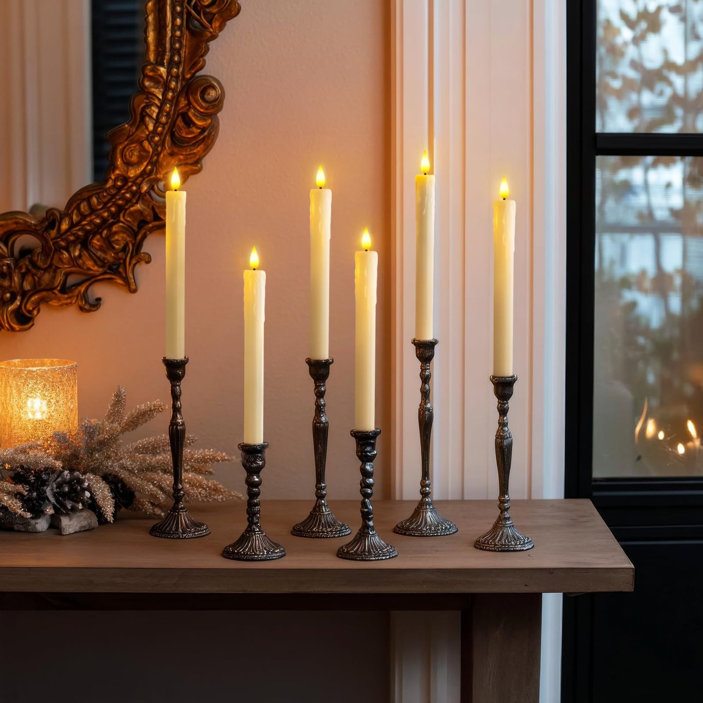 Homemory 12 Pcs Real Wax Flameless Taper Candles with Remote Timer and Dimmer, Battery Operated Candlesticks with Flickering Light, Ivory Window Candles, 9.6 Inches for Wedding Home Decor