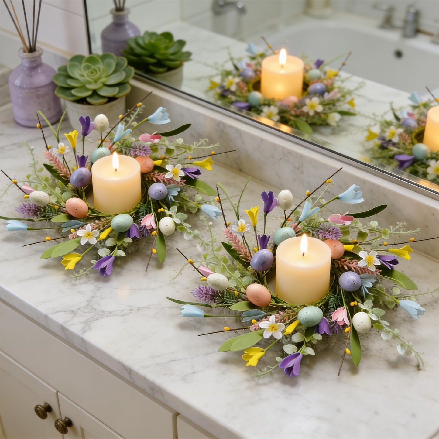 6 Pcs Easter Small Candle Rings Wreaths Mini Pillar Candle Holder Wreath with Eggs and Flowers Artificial Spring Yellow Berries Wreath for Home Kitchen Front Door Window Porch Wall Table Cnterpieces