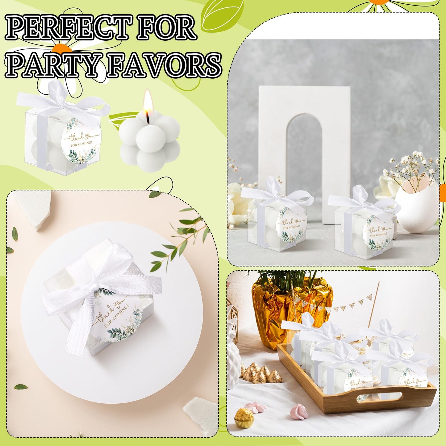 MTLEE 24 Sets Greenery Wedding Favors Party Candle Small Bubble Candle Favors for Guests Tea Candles Bulk with Stylish Ribbons Cards Gifts for Bridal Shower(White, Leaves)
