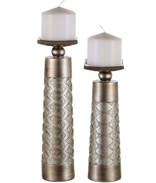 Creative Scents Dublin Silver Decorative Candle Holder Set of 2 - Home Decor Pillar Candle Stand, Coffee Table Mantle Decor centerpieces for Fireplace, Living or Dining Room Table, Gift Boxed