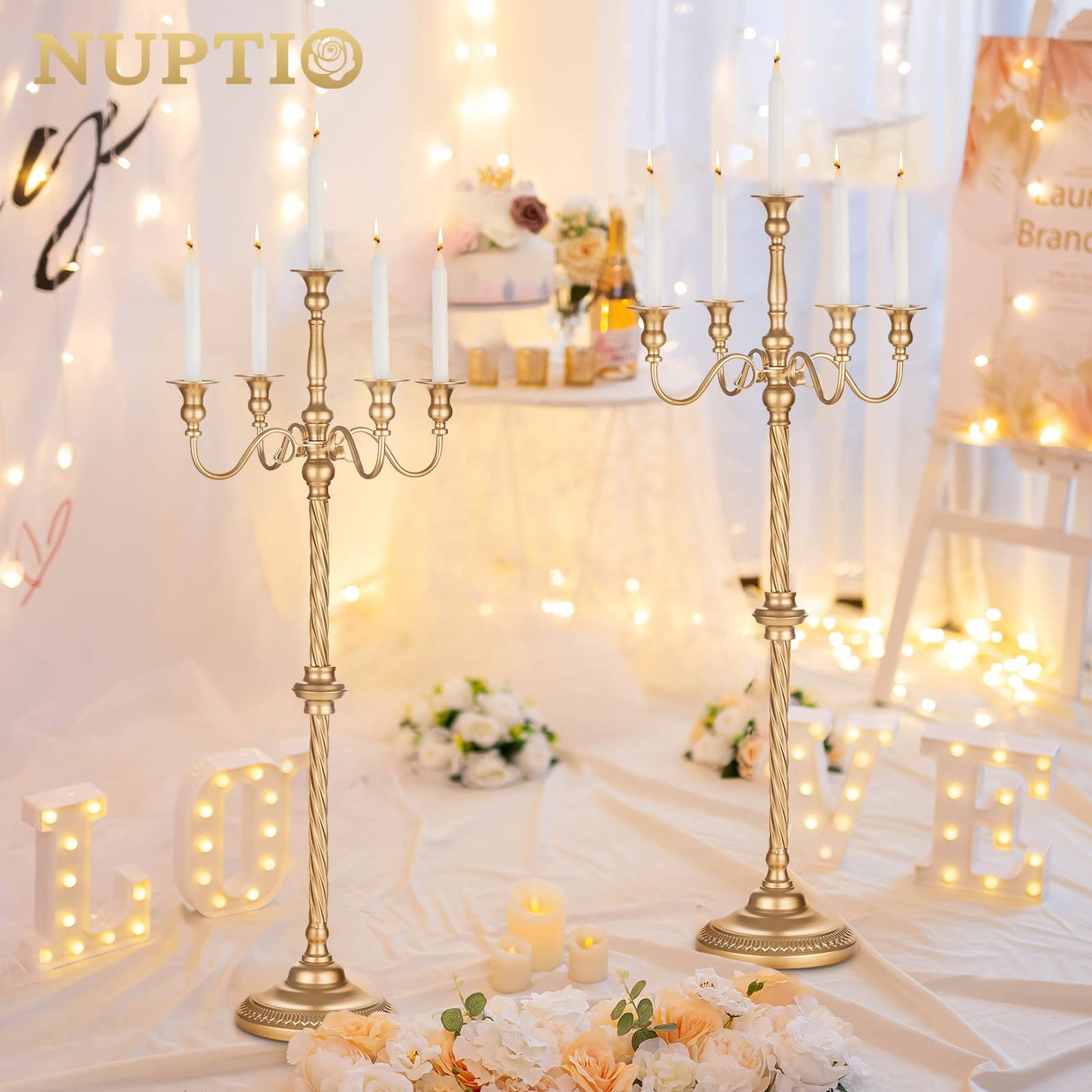 Nuptio Tall Gold Candelabras 34 Inch Candle Stick Holders Set of 2 Floor Candle Stand Taper Candle Holders for Classic Wedding Mantal Christmas Halloween Easter Home Table Centerpiece Decoration