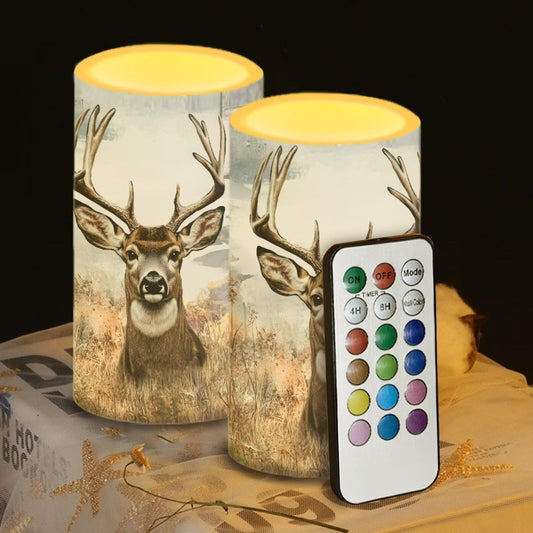 Luarisgur Deer Flameless Candles 2 Pack 6 x 3 inch Battery Operated Candles with Multicolor Timer Remote Control LED Fake Candles for Warm Light Dinner Table Home Decor