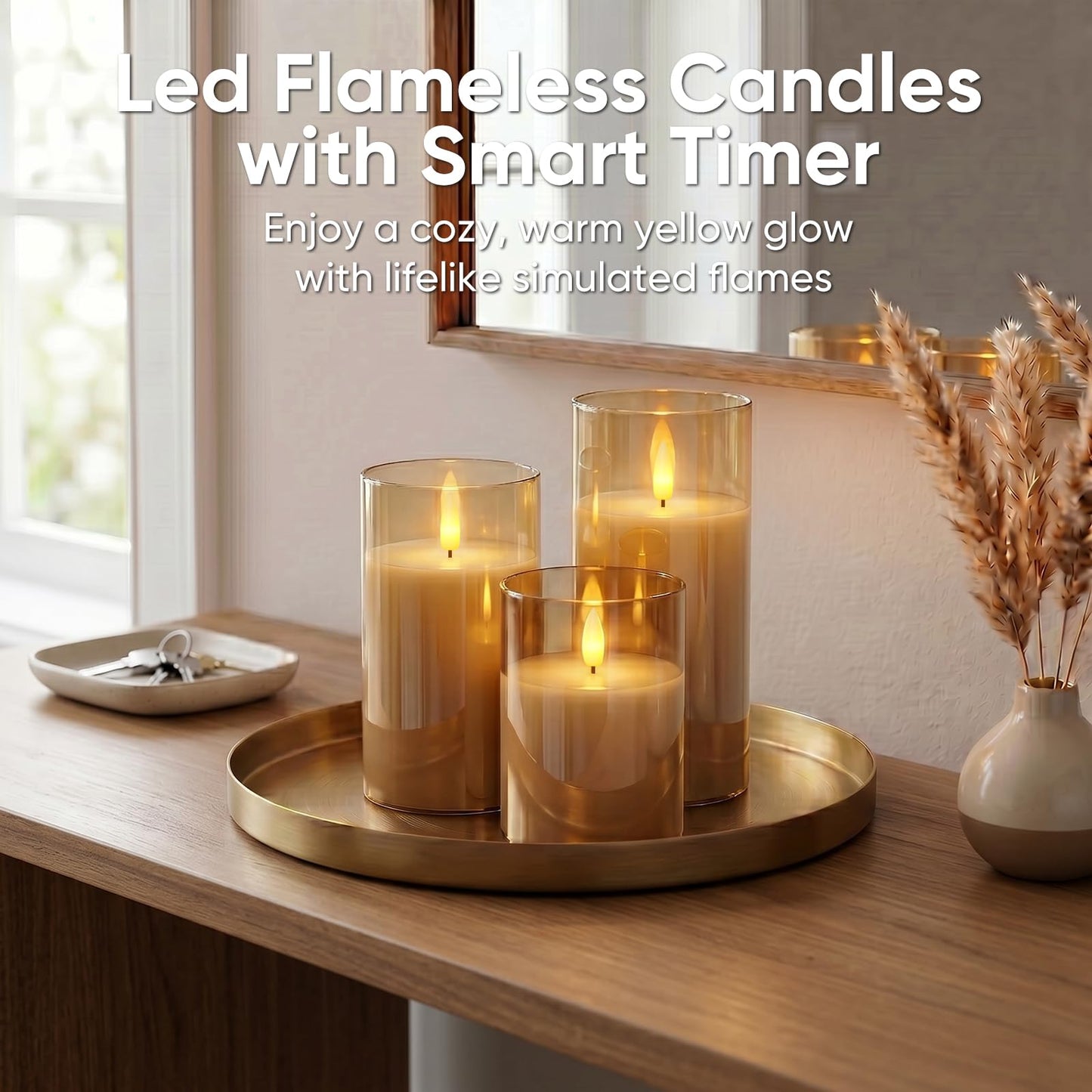 5plots Glass Battery Operated Gold Flameless Candles with Remote Timer, 3D Wick Real Wax Pillar Led Candles Warm Flickering Light for Indoor Home, Halloween, Christmas Decor, Set of 3, D3 x H4 5" 6"
