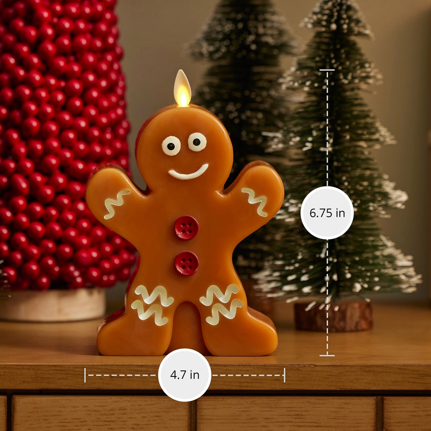Luminara Flameless Festive Decor - Gingerbread Man Figural LED Candle Natural Color, Brown, 5.3" x 7.5" Real Wax Moving Flame Battery Operated Timer