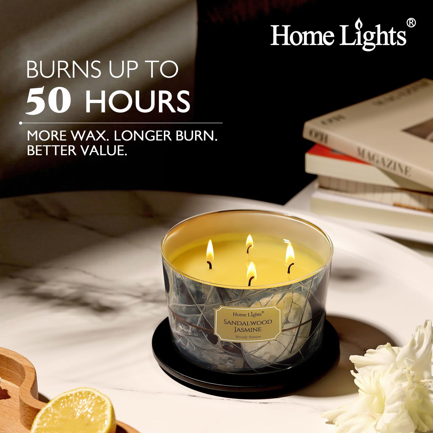 HomeLights Soy Wax Candles for Home Scented, 4-Wick Candles in Sandalwood Jasmine Scented, Industrial Chic Aromatherapy Candles Gift for Parties, Relaxing, 18oz