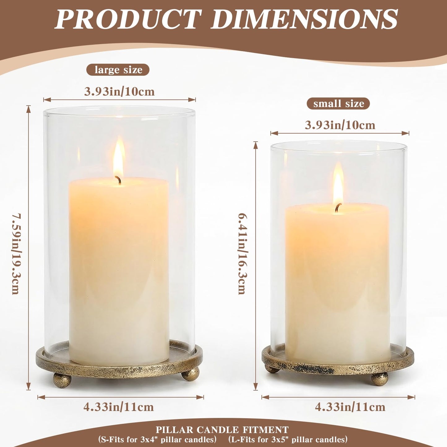Hurricane Candle Holders Set of 2 - Pillar Candle Stands with Glass Sleeves for Fireplace Mantel & Dining Table Centerpiece Decor (Gold)