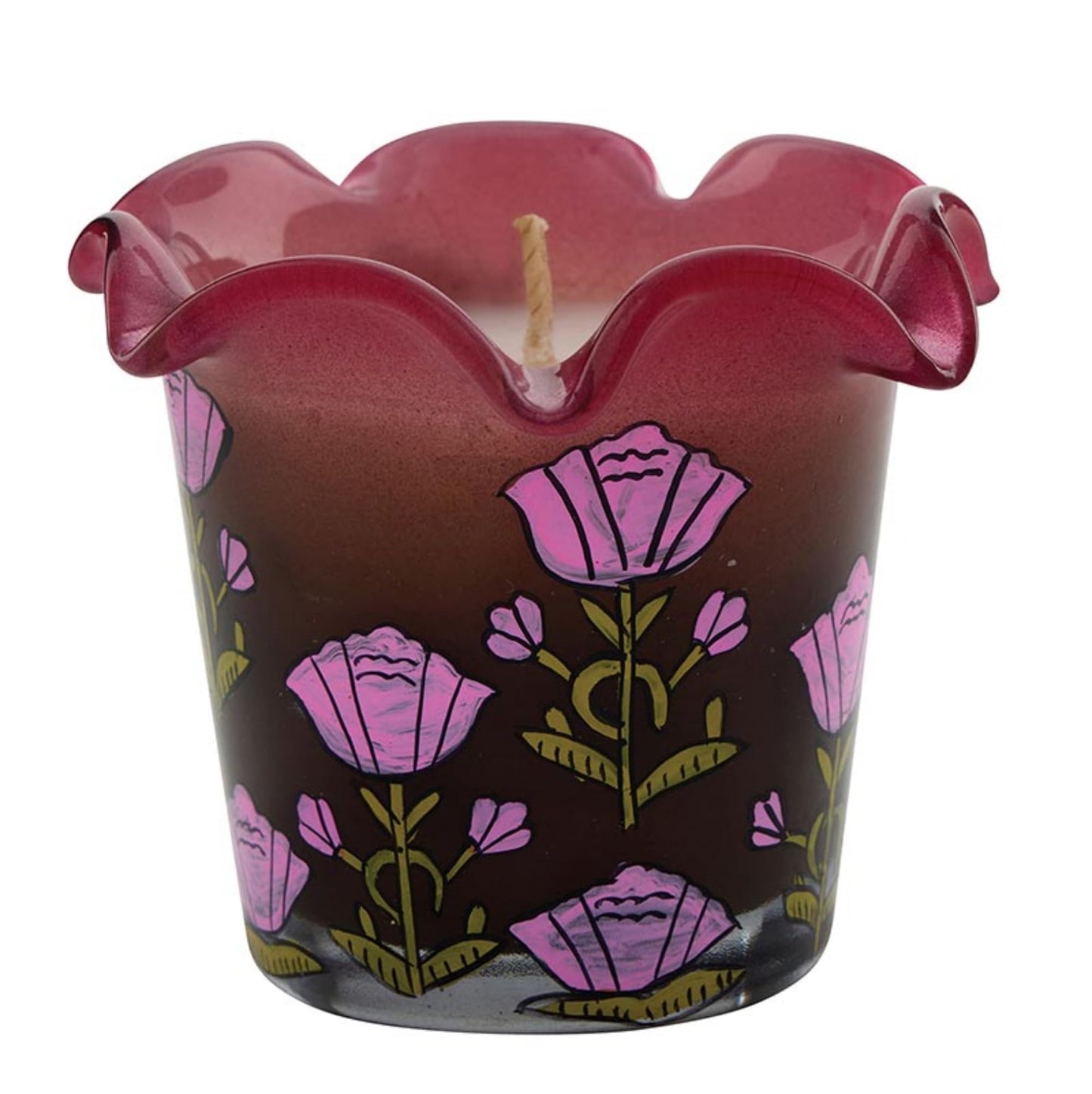 47th & Main Scented Candles Hand-Painted Floral Glass Candle, 3.25" Dia x 3" H, Pomegranate