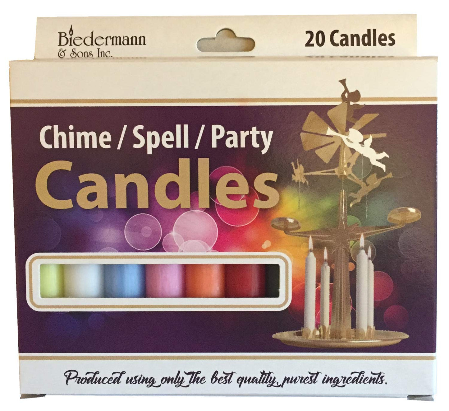 Biedermann & Sons Multicolor Chime Candles (Set of 20), Unscented Dripless Tapers, 4 Inch Tall 0.5 Inch Diameter, 2 Hour Burn, Colorful Sticks for Angel Chime Carousels and Chime Holders