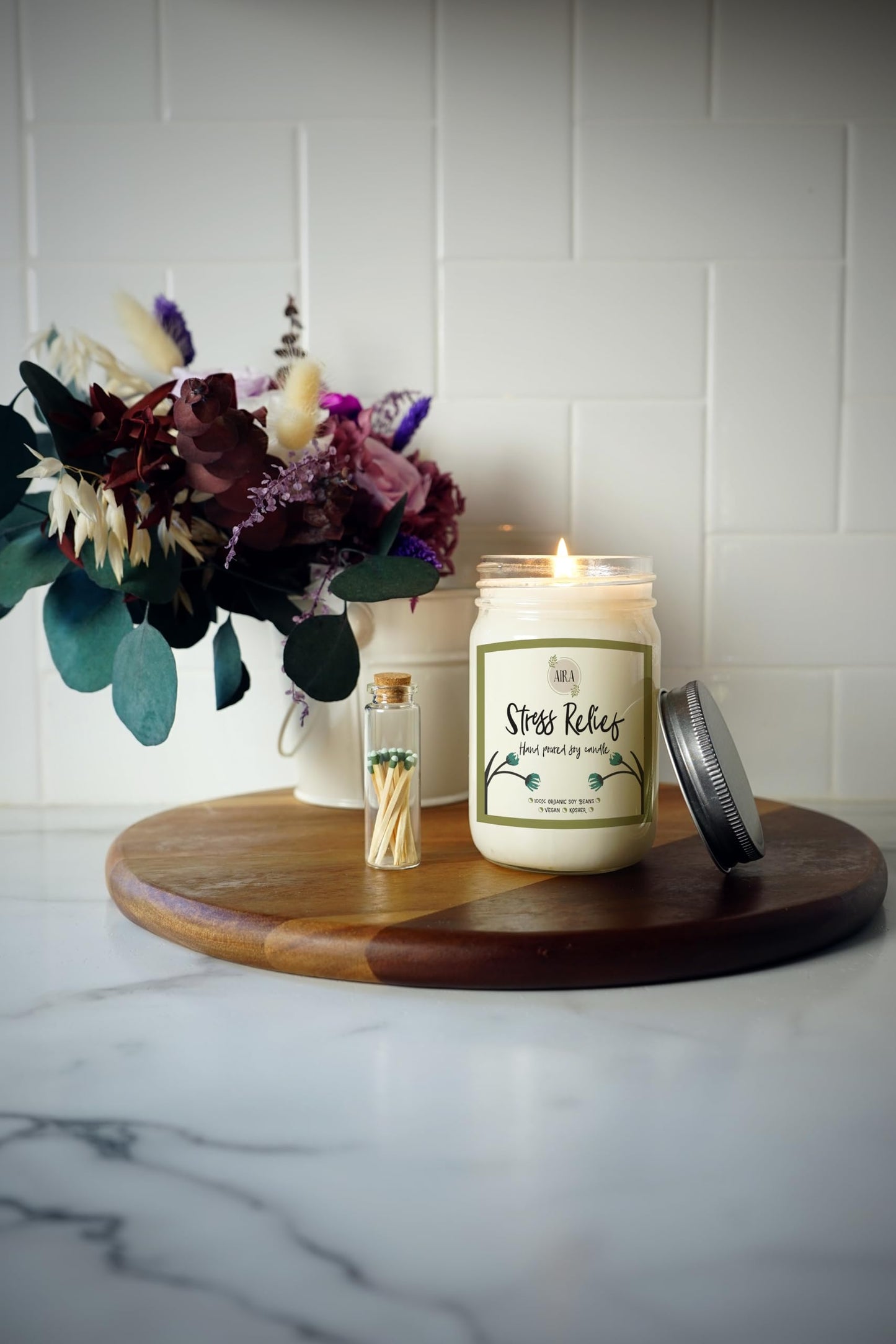 Aira Soy Candles - Organic, Kosher, Vegan, in Mason Jar w/Therapeutic Grade Essential Oil Blends - Hand-Poured 100% Soy Candle Wax - Paraffin Free, Burns 110+ Hours -Relaxing Stress Relief -16 Ounces