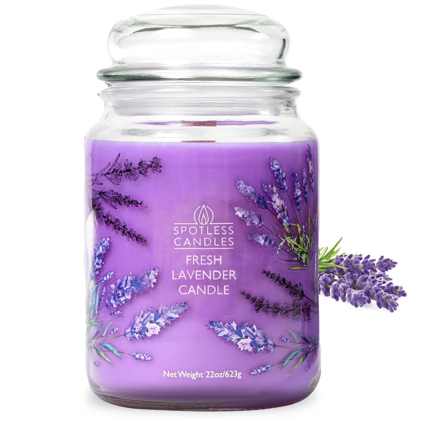Lavender Candle 22oz: 130 Hours Burn Time, Large Jar Candle with Wooden Wick in a Decorated Jar with a Luxury Gift Box and Protective Shipper by Spotles Candles