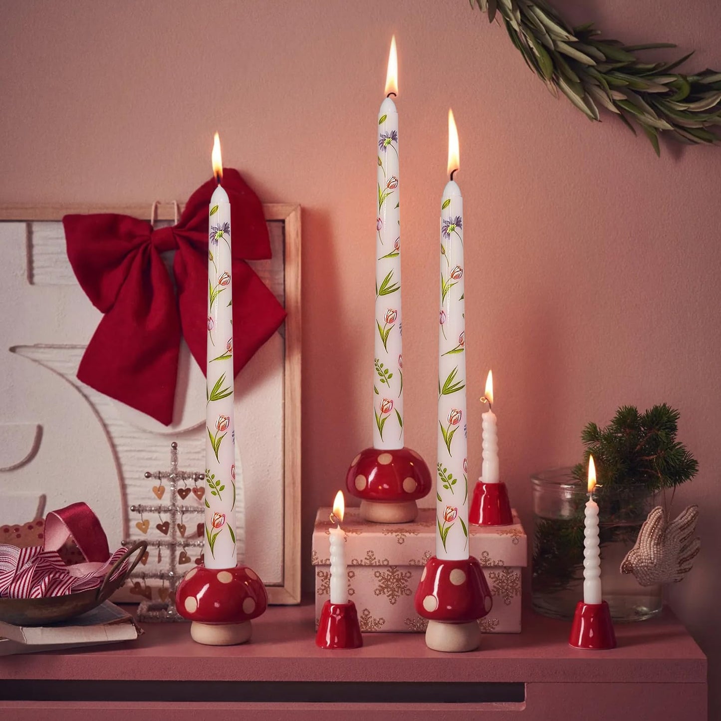 Taper Candles 10 Inch Print Candle Handmade Unscented Tulip Long Candles 2 Pack Twisted Candlesticks for Wedding Home Decoration Gifts