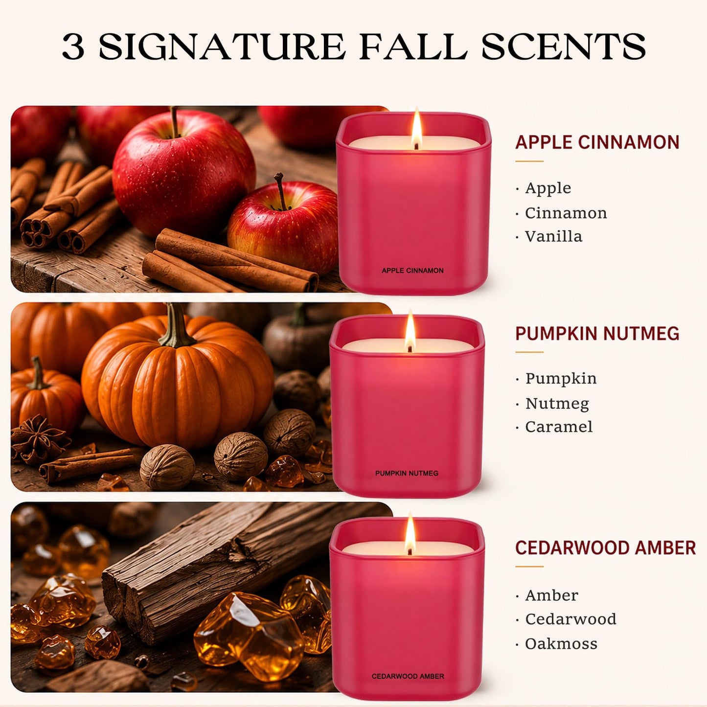 KTFKTF Scented Candle Gift Set for Women – 3 Pack Natural Soy Wax Candles, Apple Cinnamon, Pumpkin Nutmeg & Cedarwood Amber, 90 Hour Burn Time, Aromatherapy Candles for Home, Birthday & Holiday Gifts