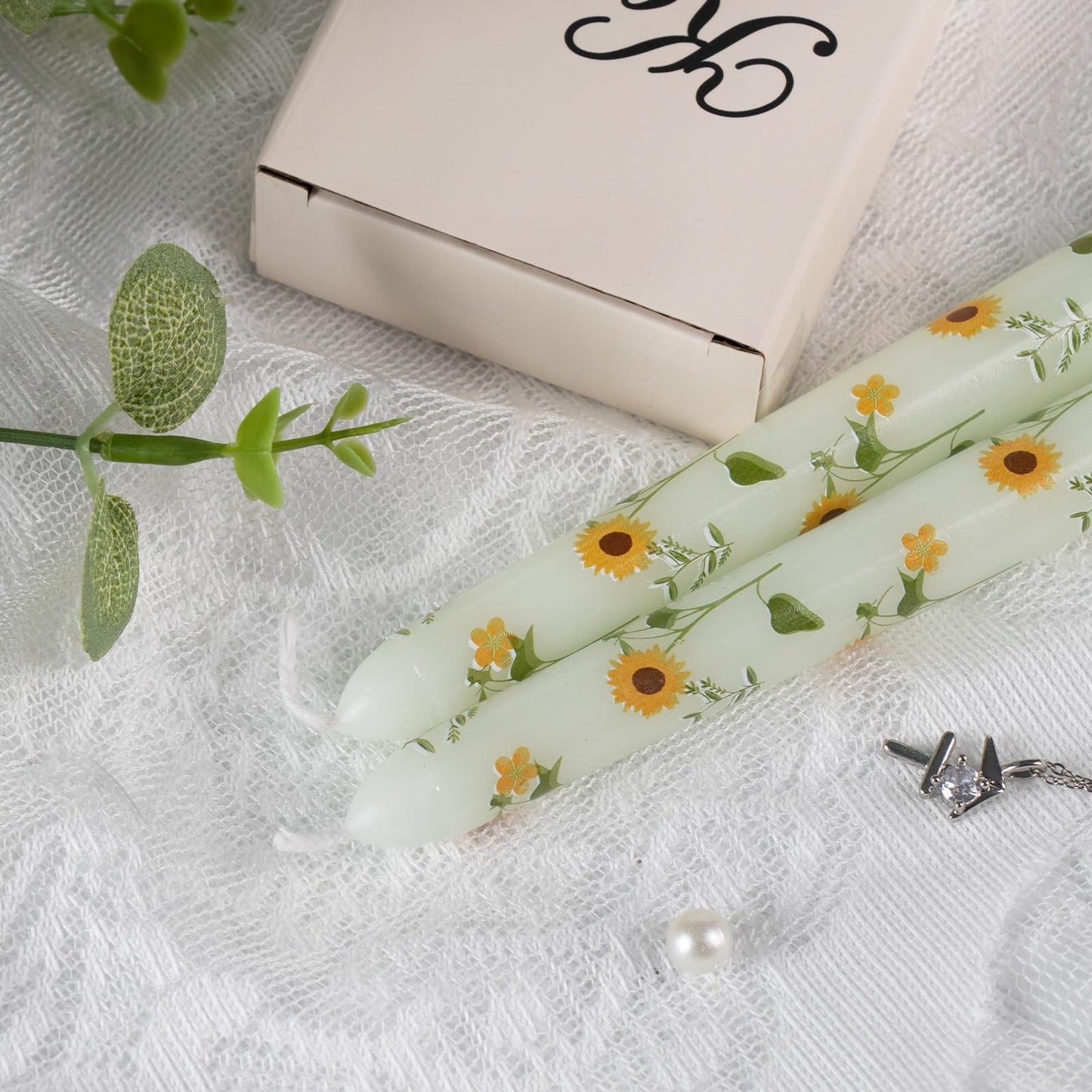 Taper Candles,10 inch 2pc Green Tapered Candles with Sunflower Printed, Unscented and Smokeless Long Burning Candles,Tall Candlesticks with Cotton Wicks,Ideal for Weddings, Home Décor