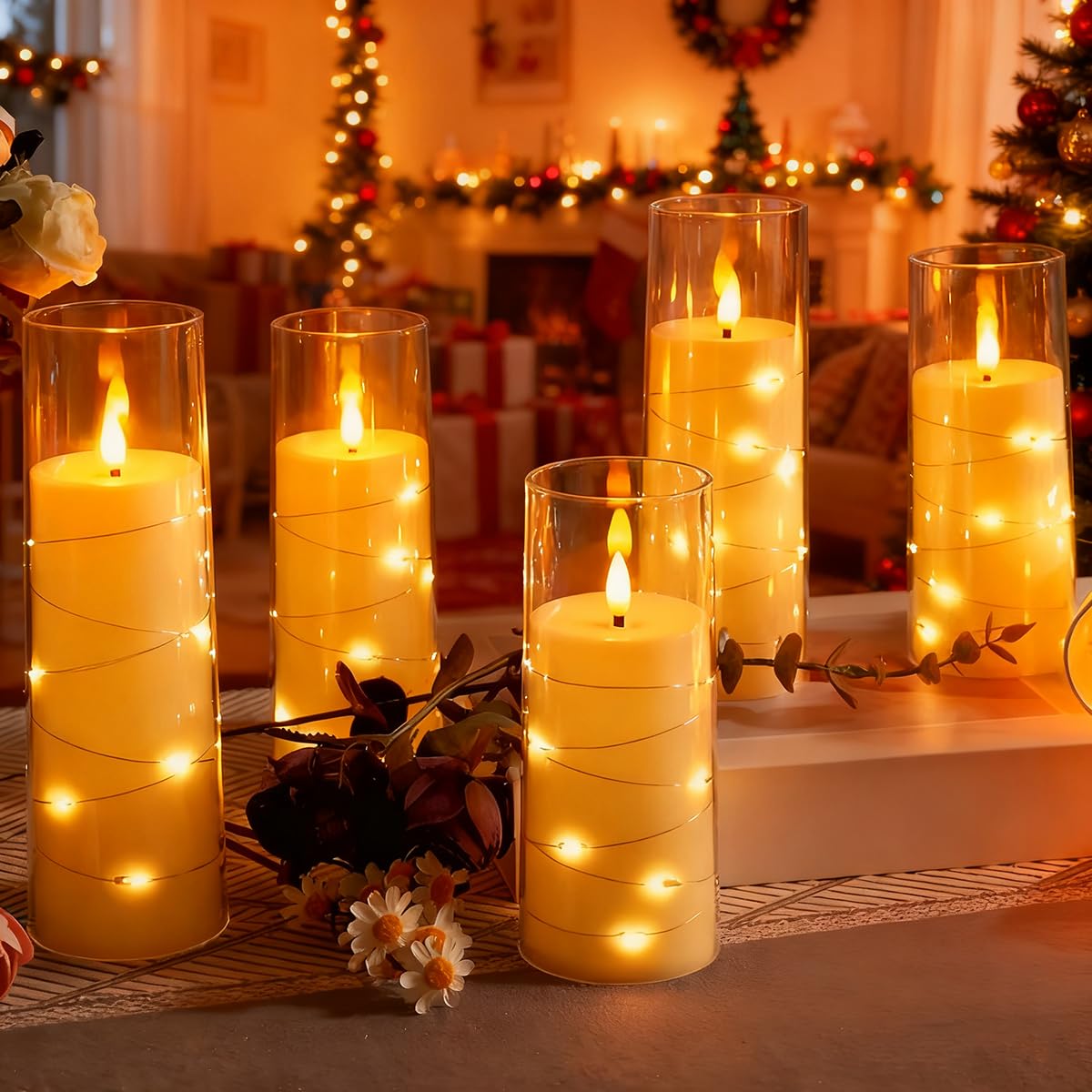 5 Acrylic Flashing LED Candles with Remote Control, flameless Cylindrical Candles with Embedded Star String Lights, Home Decoration Halloween Christmas Atmosphere Wedding Decoration, Home Decoration