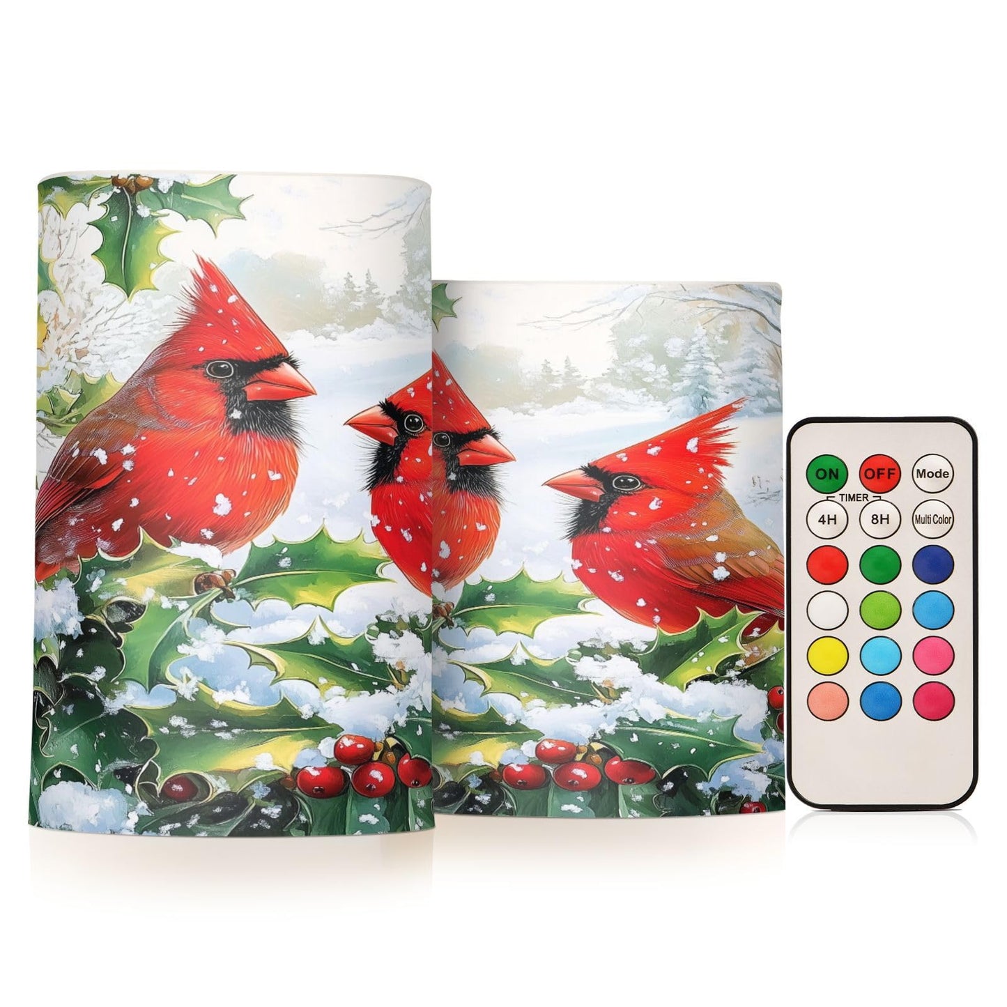 BOENLE Flickering Flameless Candles, Red Cardinals Holly Christmas LED Candles with Remote Timer, Set of 2 Battery Operated Candle for Valentine Wedding Birthday