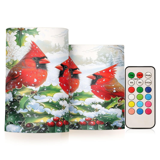 BOENLE Flickering Flameless Candles, Red Cardinals Holly Christmas LED Candles with Remote Timer, Set of 2 Battery Operated Candle for Valentine Wedding Birthday