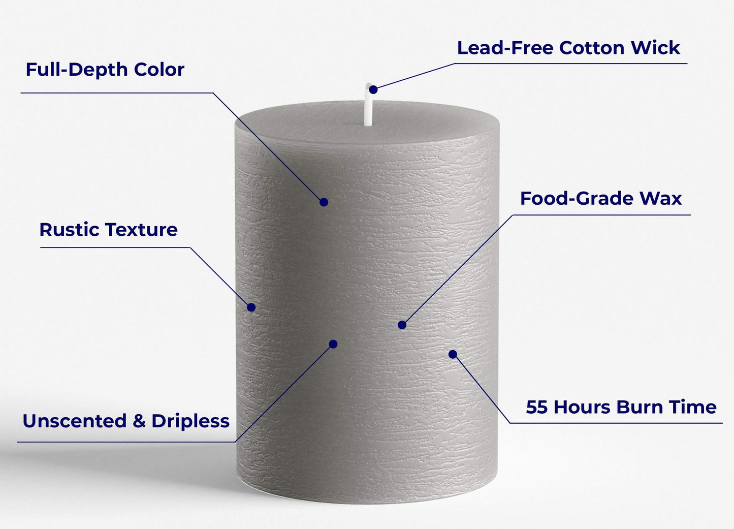 Melt Candle Company Set of 3 Pillar Candles 3" x 4" Unscented Handpoured Weddings, Home Decoration, Restaurants, Spa, Church Smokeless Cotton Wick - Grey