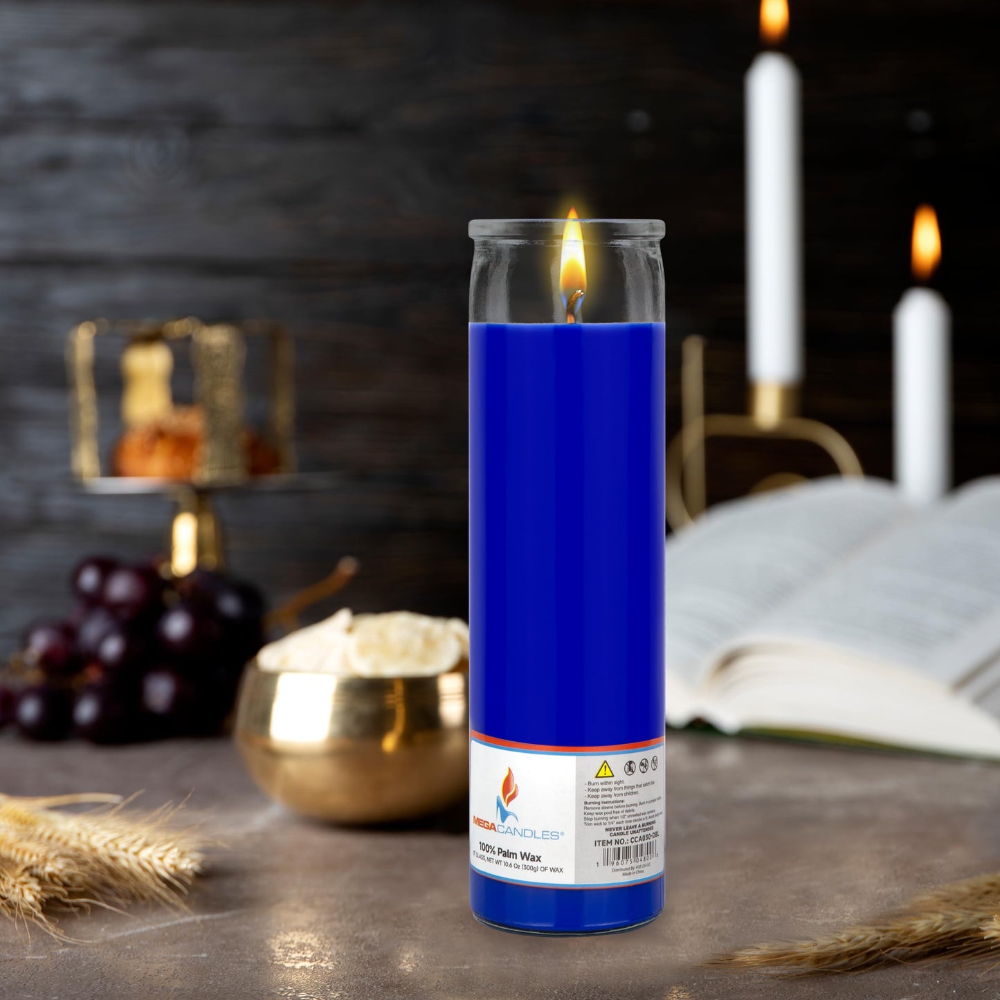 Mega Candles 3 pcs Unscented Blue Glass Container Devotional Prayer Candles, Shortening Wax Candle 2 Inch x 8 Inch, Sanctuary, Vigils, Prayers, Spiritual, Blessings, Religious, Altar, Remembrance