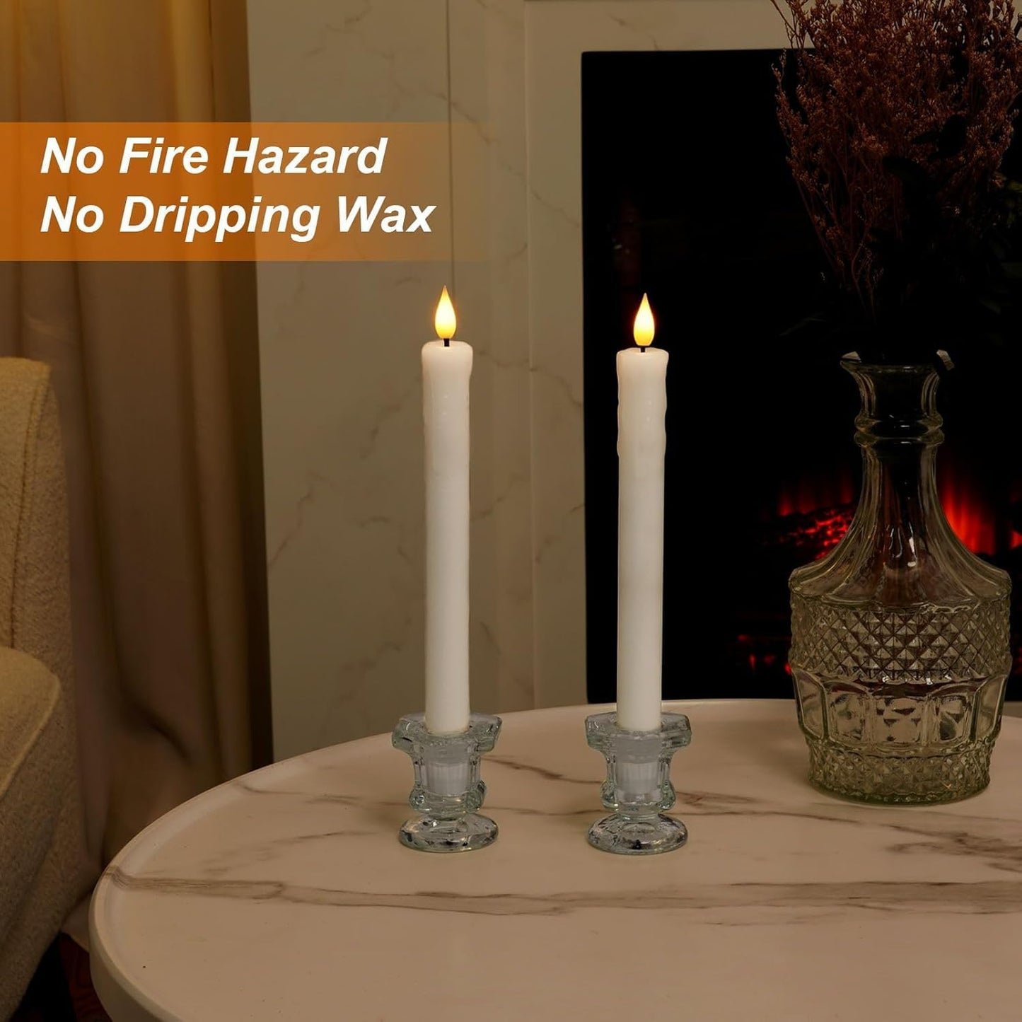Homemory Real Wax Flameless Taper Candles with Remote Timer, 9.6 Inches White LED Flameless Candlesticks, Dripless Battery Operated Window Candles Flickering Pack of 2 for Fireplace Xmas Halloween