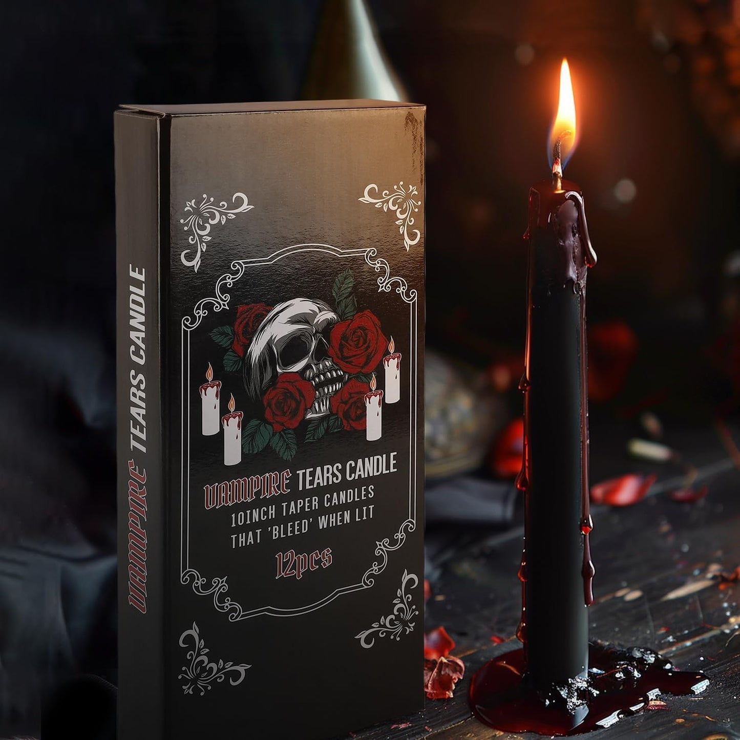 Pliadvbu 12PCS 10-Inch Black Bleeding Taper Candles,Vampire Tears Taper Candles- Unscented Ideal for Halloween, Christmas, Rituals, and Themed Party Decor