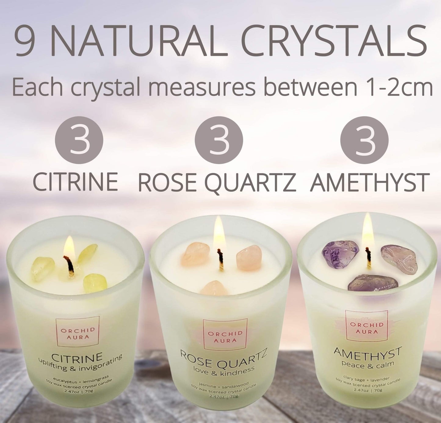 ORCHID AURA Soy Candles with Healing Crystals. Citrine, Rose Quartz, Amethyst Crystal. Eucalyptus + Lemongrass, Jasmine + Sandalwood, Clary Sage + Lavender. 3PC Scented Crystal Candle Set, 2.47oz Each