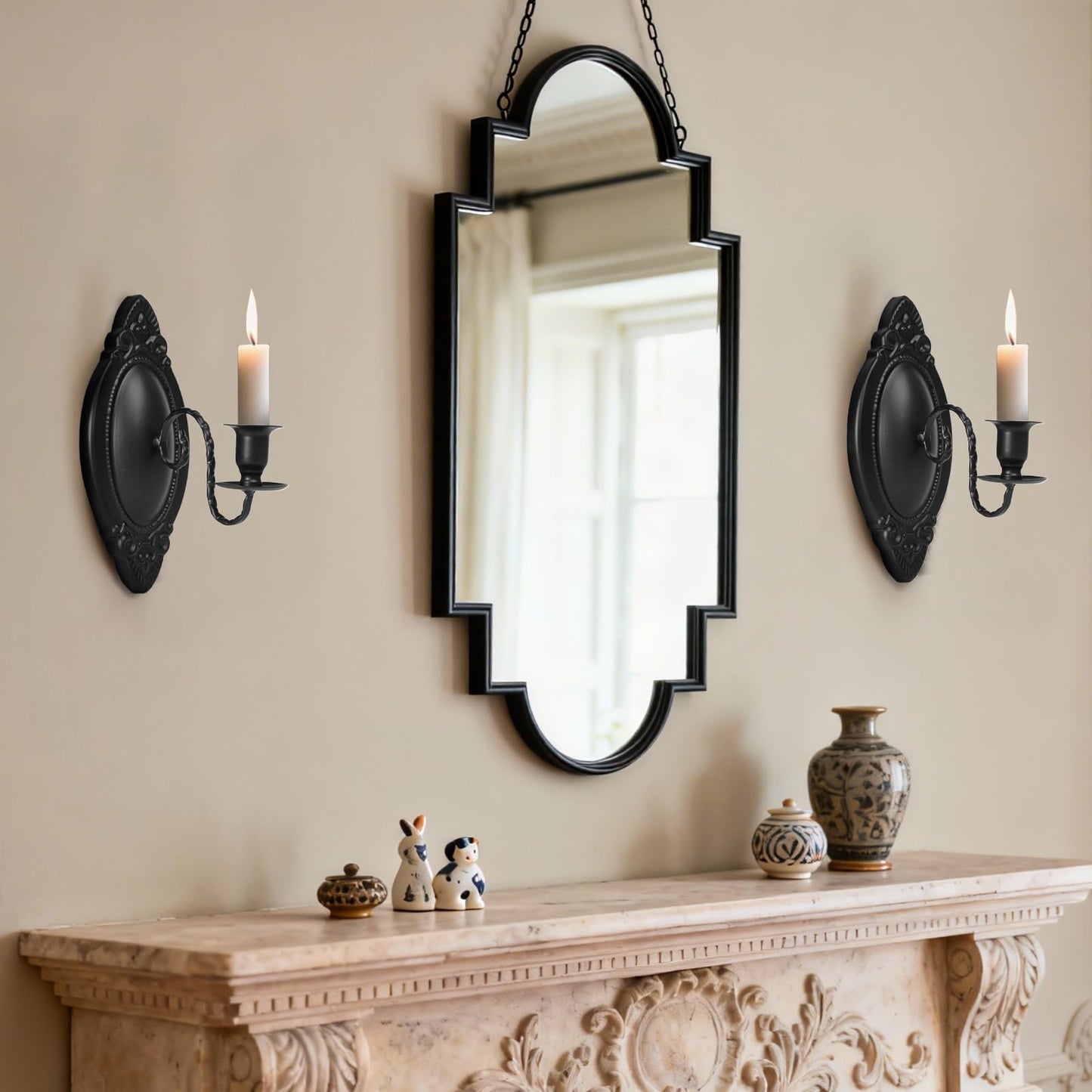 Vrnikhub Black Candle Sconces Set of Two, Victorian Decor Royal Wall Sconce, Metal Rustic Candle Holder Baroque Home Wall Decor for Living Room, Dining Room, Bedroom, Fireplace, Hallway, Window