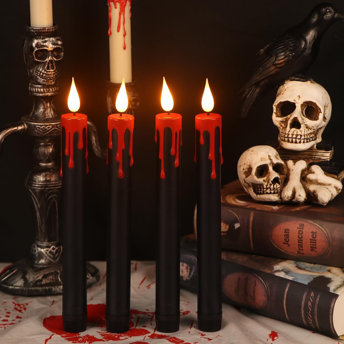 Lasumora Halloween Black Flameless Taper Candles Flickering with Remote Timer, Battery Operated Led Taper Candle, 4 Pcs Drip Wax Candlesticks for Halloween Decor Horror Party Table Window Decoration