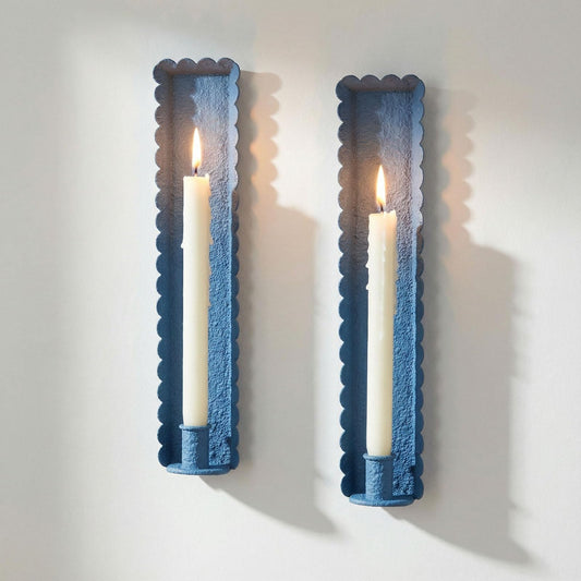 AimtoHome Blue Wall Candle Sconces Set of 2, Scalloped Edge Box-Shaped Cast Iron Farmhouse Church Holders for Taper Candles, Wall Mounted Rustic Candle Sconce for Living Room, Dining Room Decor