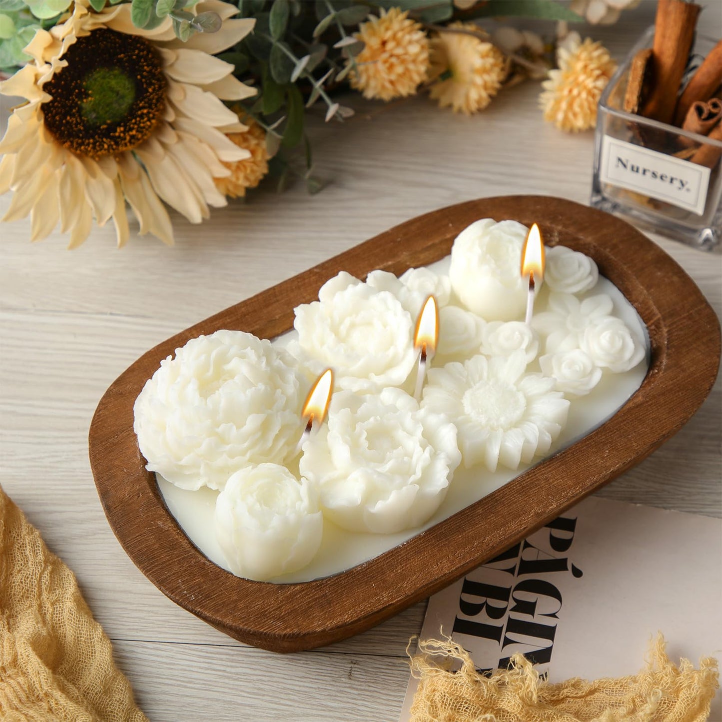 Siifert Wooden Dough Bowl Candle 3 Essential 20 Ounce Natural Soy Oil Wick Candle Wax Melts Rustic Farmhouse Decor Gifts for Women and Men(Flowers)