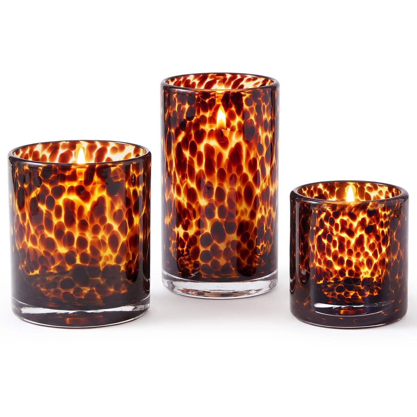 Potchen Set of 3 Tortoise Shell Glass Candle Holder Vase Set 3/4/5" Tealight Pillar Candle Holder Leopard Print Tortoiseshell Cheetah Animal Print for Table Decoration Centerpieces Home Dining Party