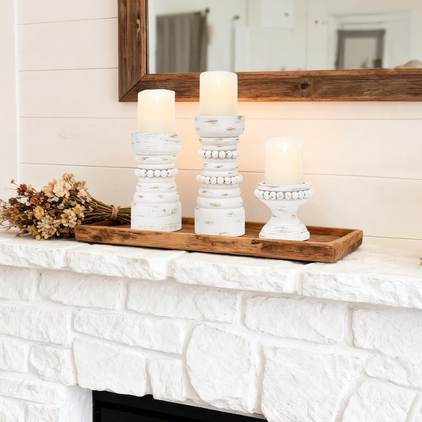 MODE HOME Rustic White Wood Candle Holders Set of 3, Farmhouse Beaded Wood Pillar Candle Holder, Candle Holders for Pillar Candles & Candlesticks, Candle Sticks Holder Decor for Table Centerpiece