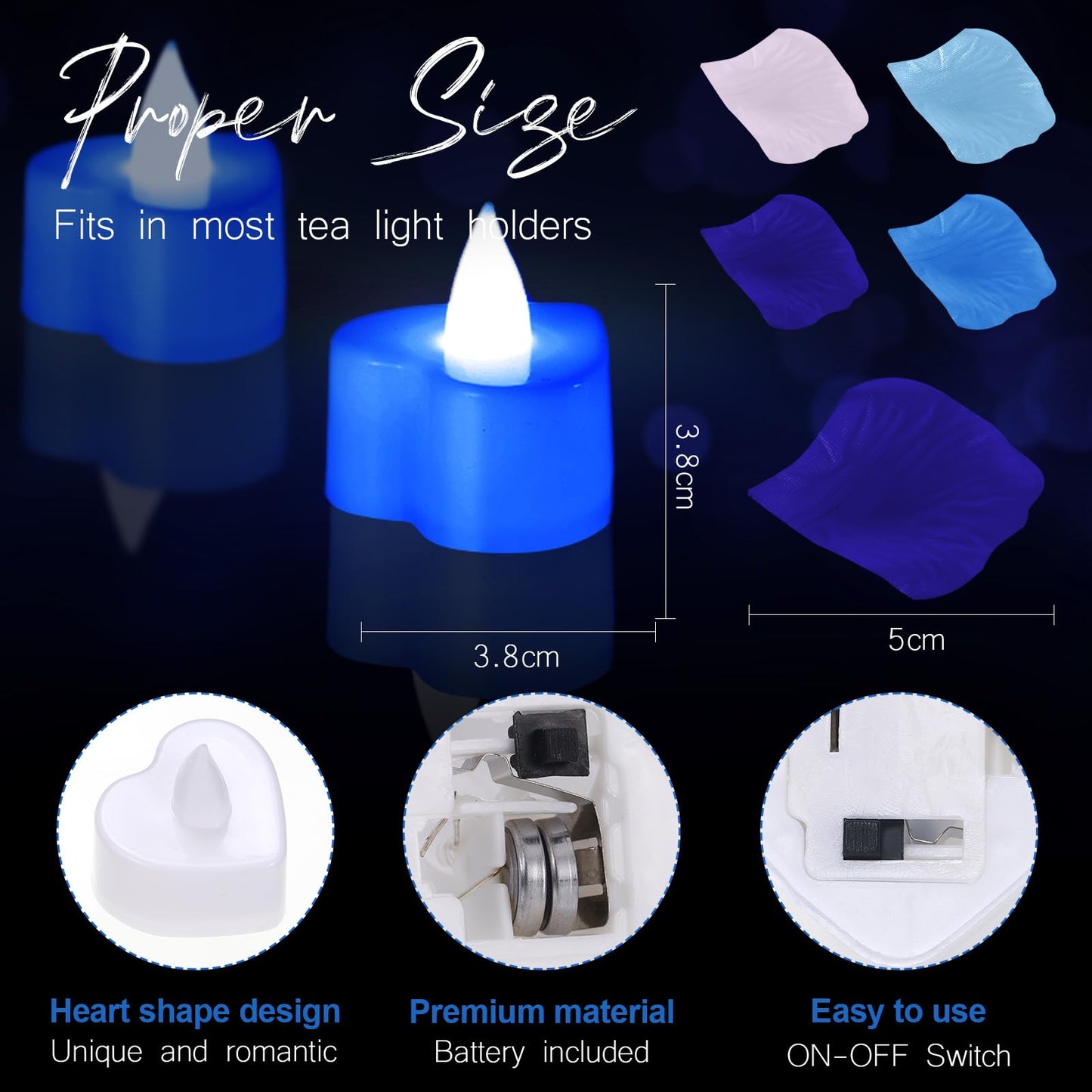 Coume 6000 Pieces Artificial Rose Petal 72 Pieces LED Tealights Candle, Romantic Decorations Special Night Rose Petal Heart Candle for Valentines Wedding Anniversary Proposal Decor(Cute Blue Light)