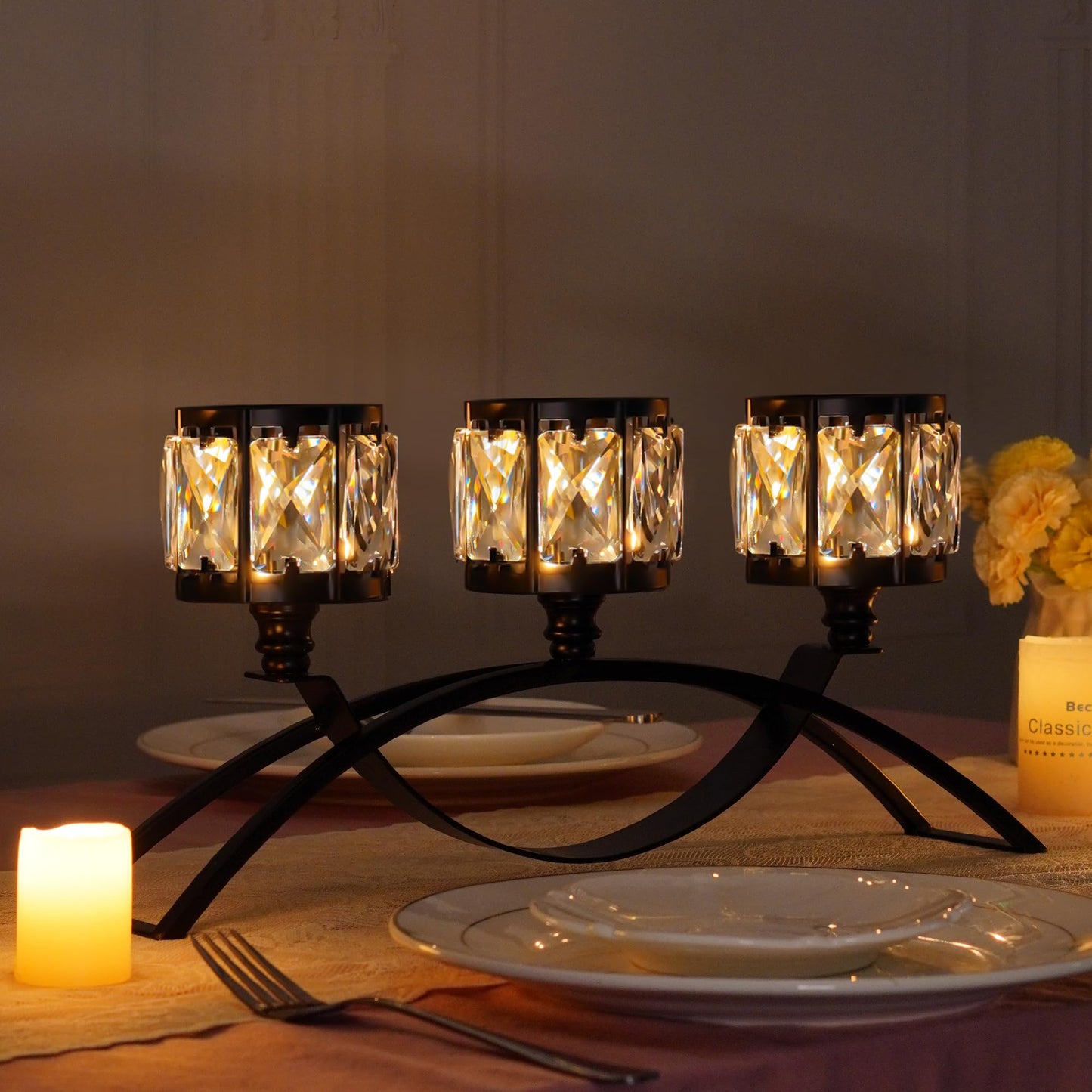 3 Arms Crystal Bowl Tealight Candelabra Votive Candle Stand, Wedding centerpieces for Tables Crystal Candlestick，Centerpiece Table Decorations (Black)