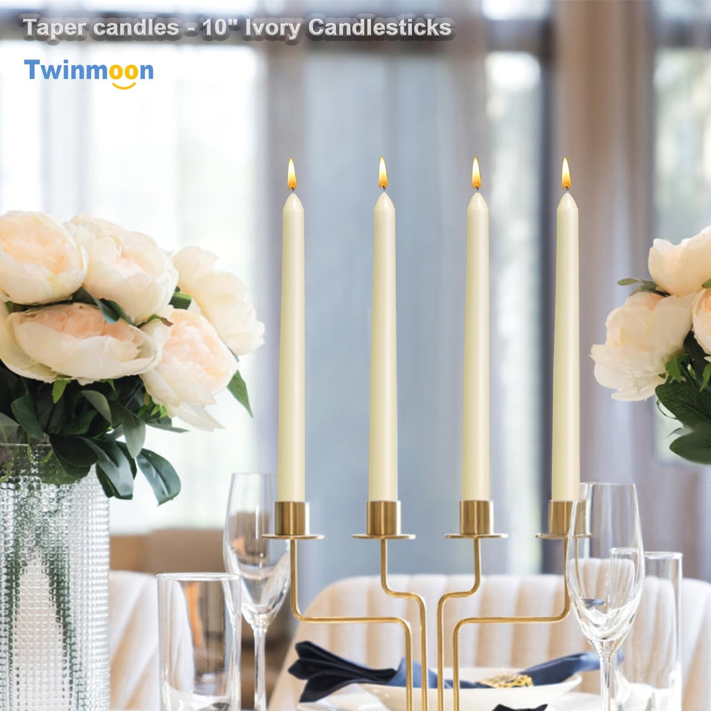 Twinmoon Taper Candles-10 inch Flamecan Tapered Candlesticks Unscented Smokeless Long Burning Candle Sticks 7-8 Hours Paraffin Wax for Party Wedding Dinner Home Decor(Ivory,12 Pack)