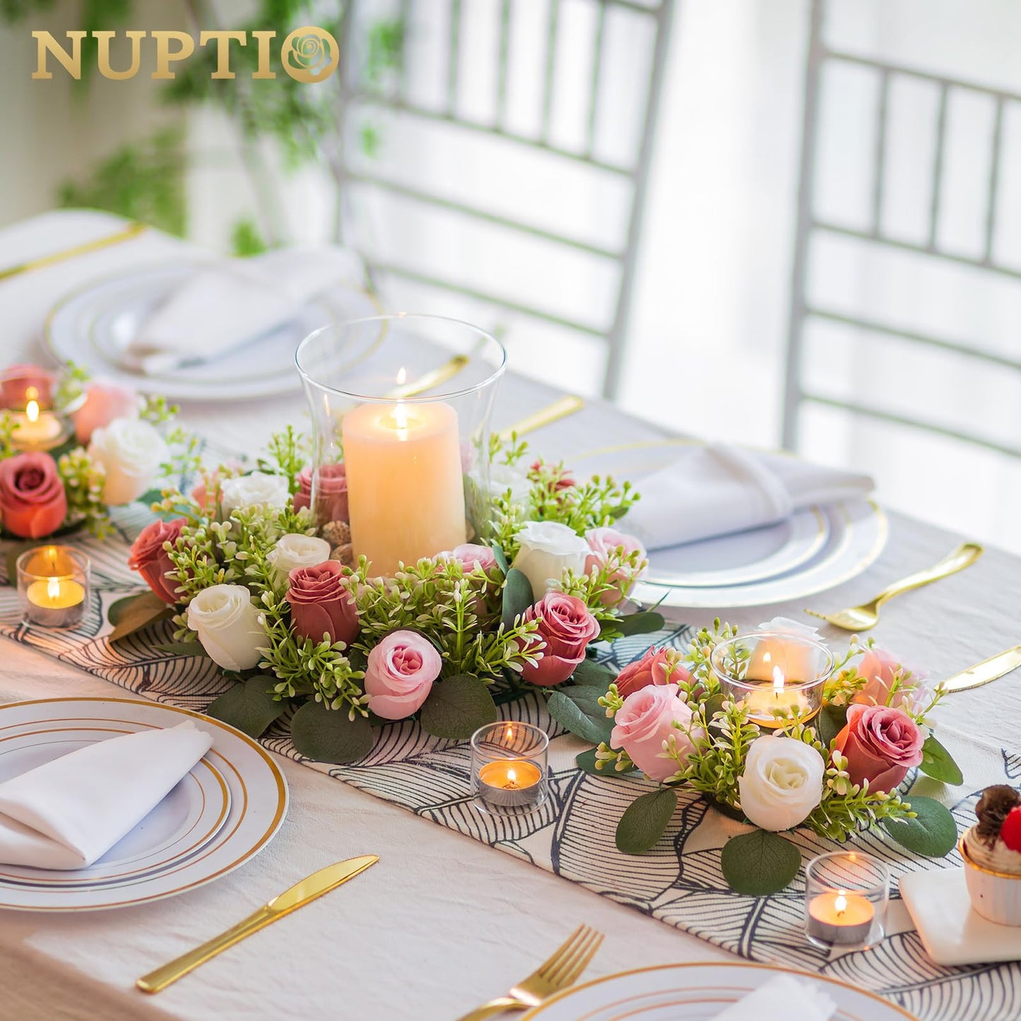 NUPTIO Flower Candle Rings for Centerpieces: 13.4 Inch Artificial Rose Wreath for Wedding Party Christmas - Dusty Rose & White Wreaths for Spring Summer Front Door Porch Table Decor 6 Pcs