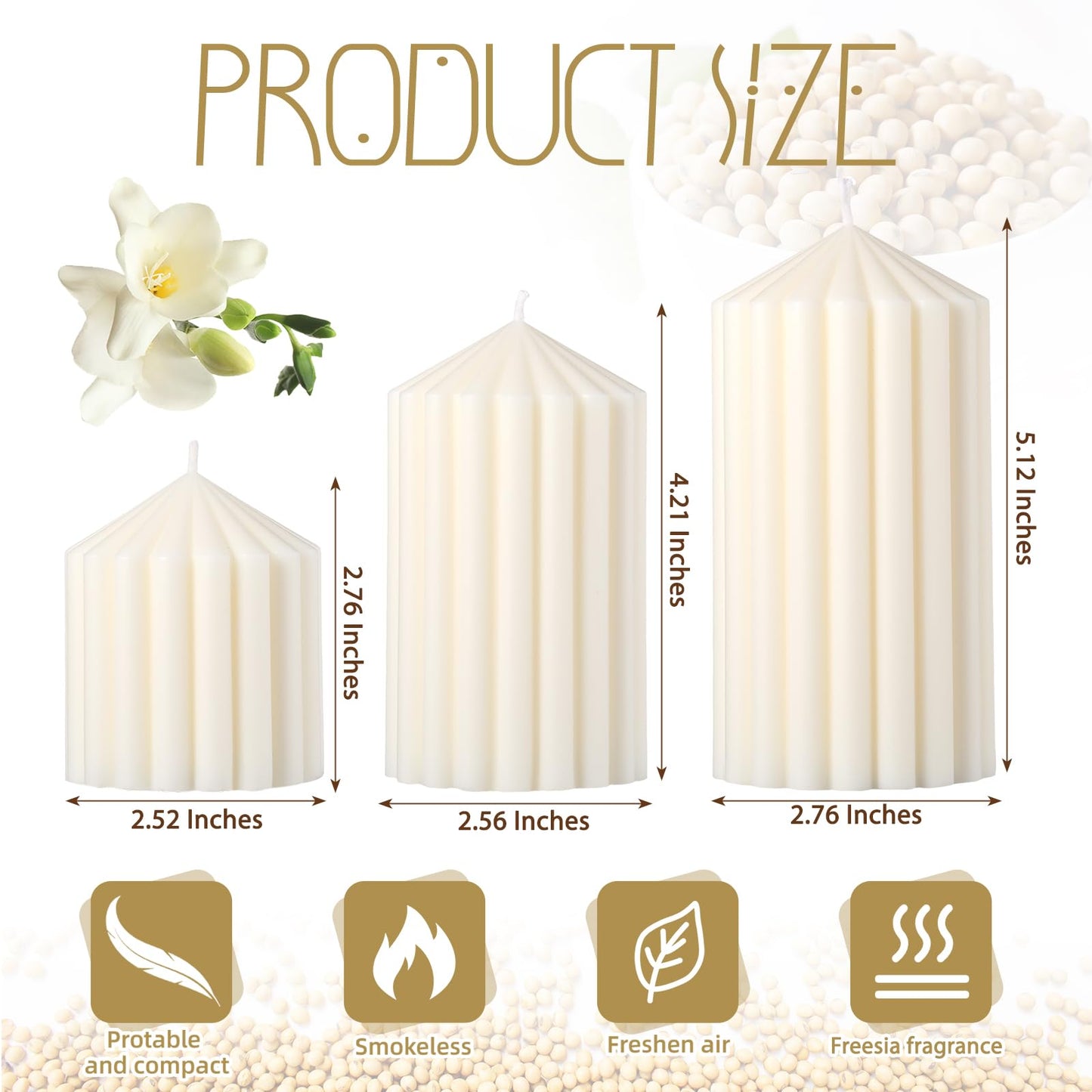 Conelist Set of 3 White Ribbed Pillar Candles Soy Wax Scented Ribbed Candles Includes 2.8, 4.2 and 5.1 Inches Heights Decorative Romantic Wedding Decoration for Couple Home Birthday Gift