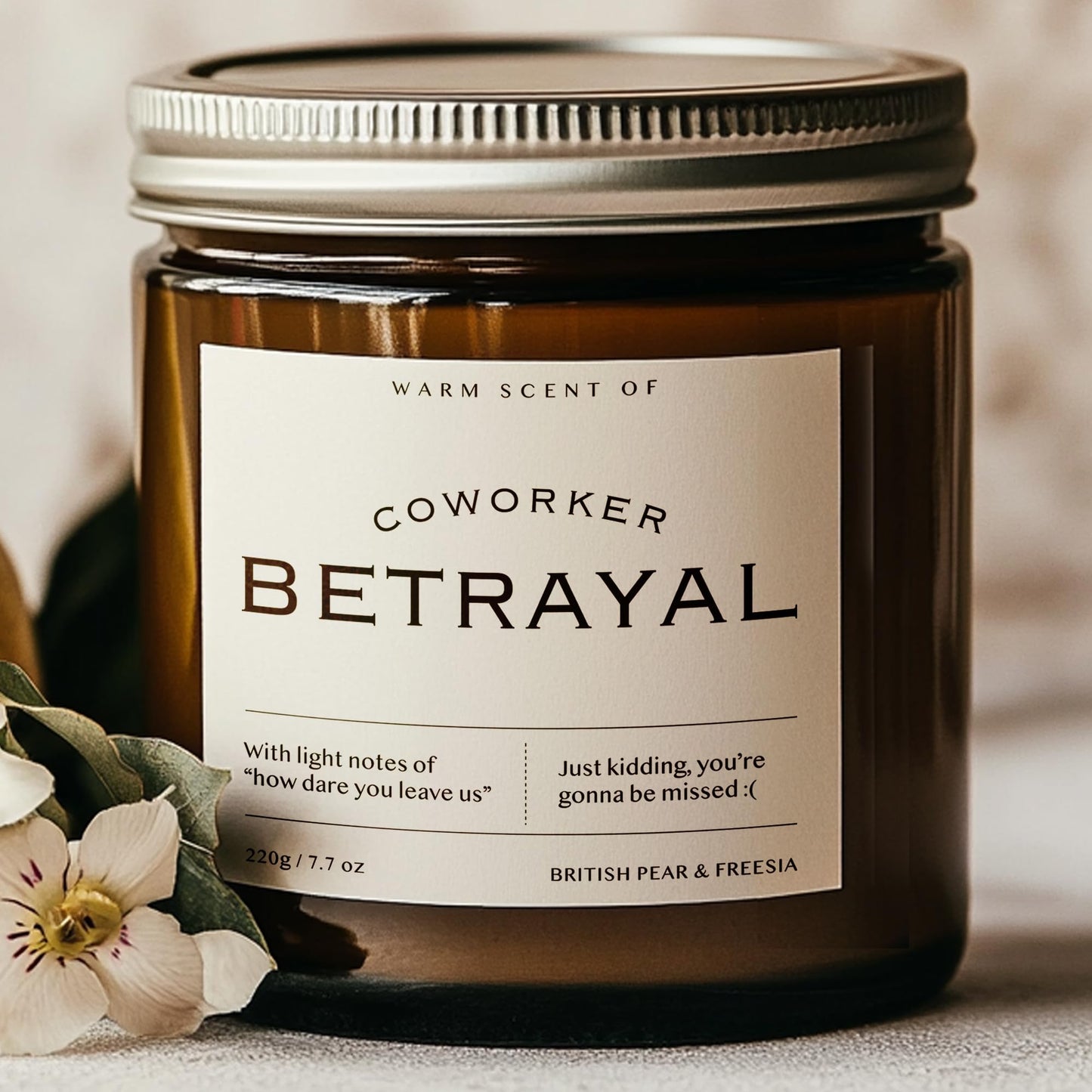 7.7oz Funny Candles for Coworkers by SIKO - British Pear & Freesia - Natural Soy Wax, Non-Toxic, Long-Lasting Aromatherapy Candle with Gift Card - Coworker Leaving Gifts for Women & Men - (Betrayal)