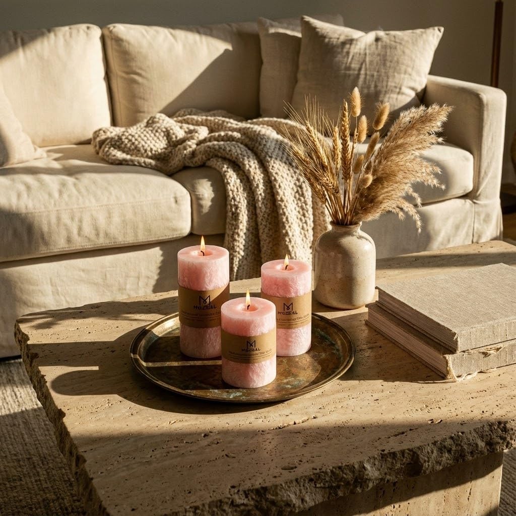 MOZEAL Hand-Poured, Unscented Pink Crystal Pillar Decorative Candles, Elegant Set of 3 in Different Sizes (3"x4", 3"x5", 3"x6"), Luxurious Décor for Spring Homes & Events