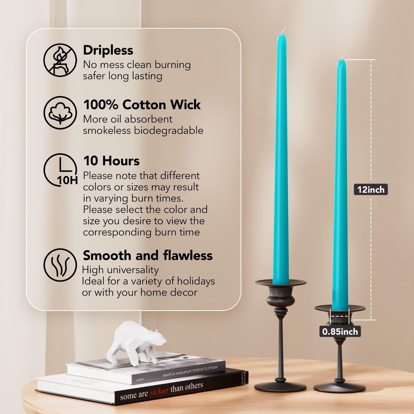 Pickood 12-Inch Tall Dripless Taper Candles Set of 4 - Turquoise Tapered Candles, Perfect for Spring - Smokeless, Unscented, Long Burning - Hand Poured, Colored Tall Candlesticks - Teal